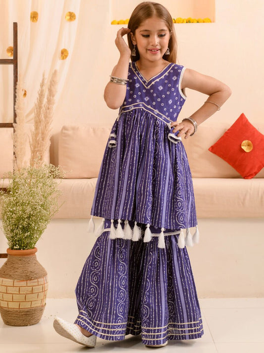 Girls Bandhani Printed Pure Cotton Anarkali Kurta With Sharara