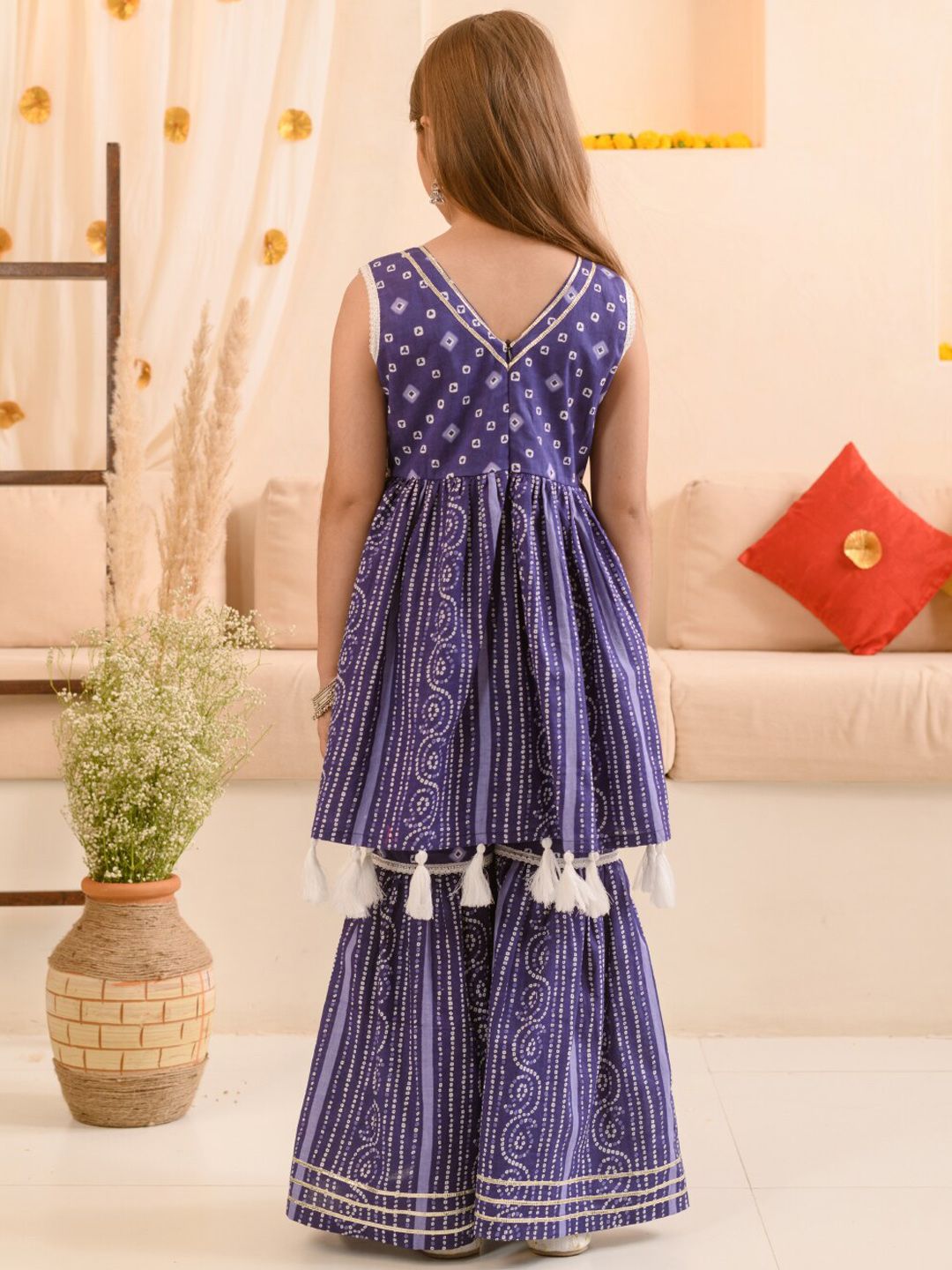 Girls Bandhani Printed Pure Cotton Anarkali Kurta With Sharara
