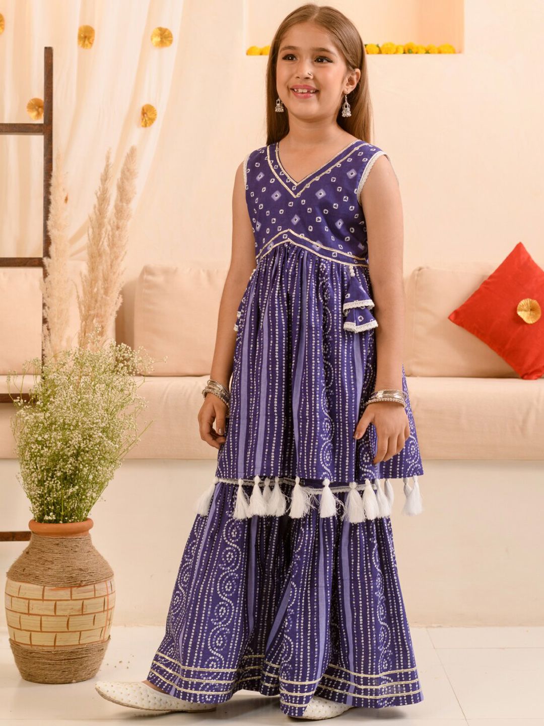 Girls Bandhani Printed Pure Cotton Anarkali Kurta With Sharara