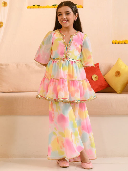 Girls Dyed Layered Gotta Patti Georgette Kurta with Sharara