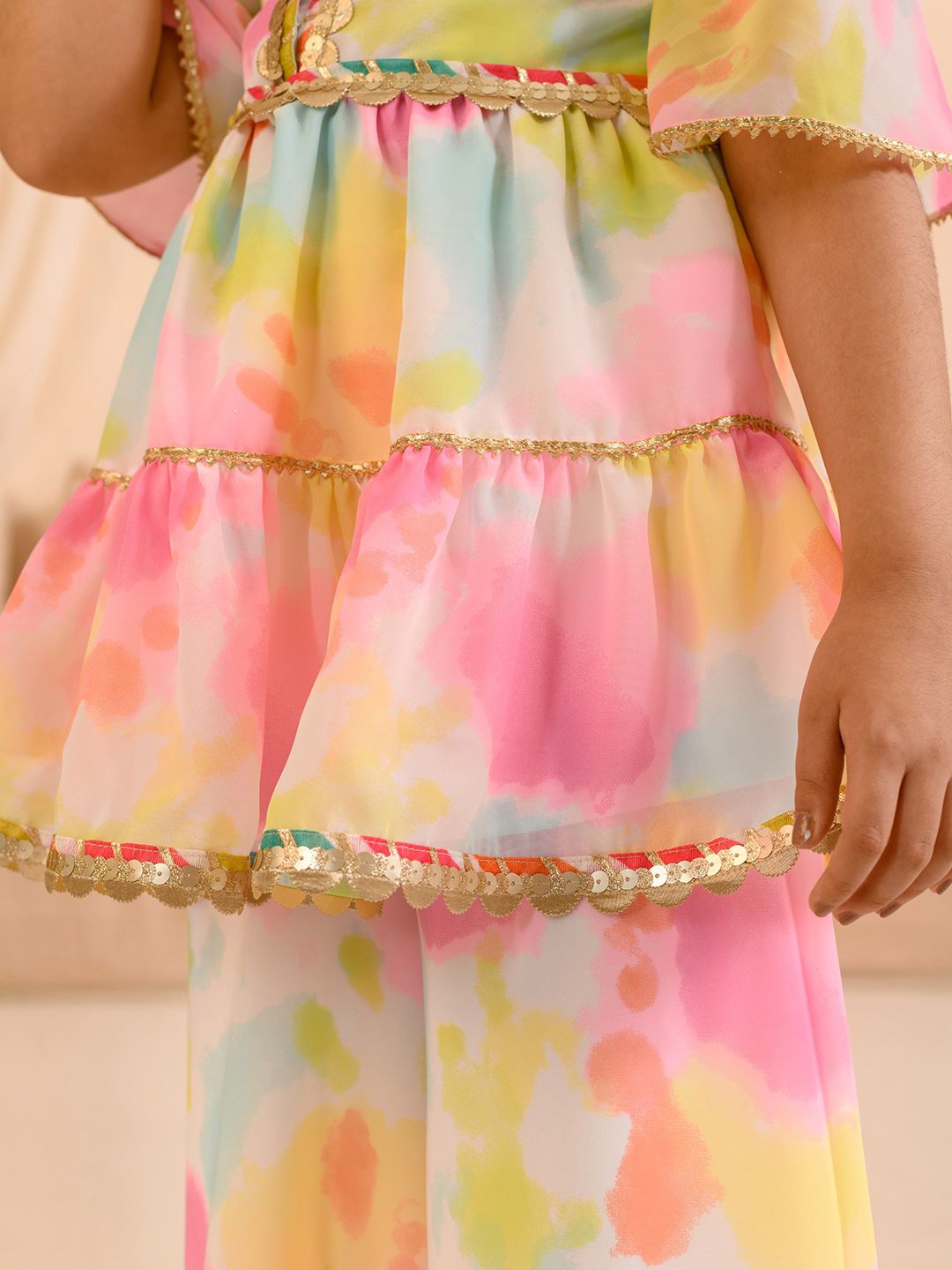 Girls Dyed Layered Gotta Patti Georgette Kurta with Sharara