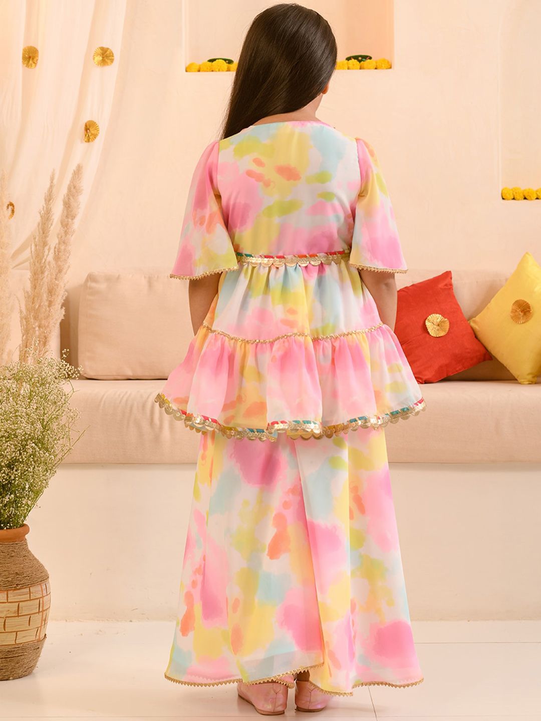 Girls Dyed Layered Gotta Patti Georgette Kurta with Sharara