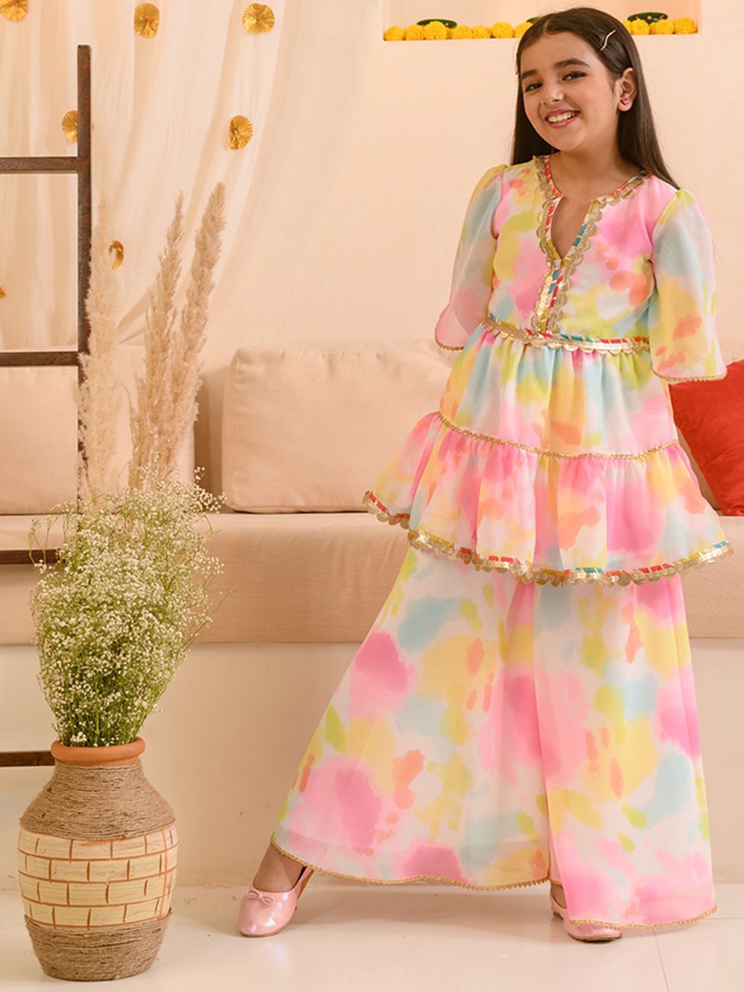 Girls Dyed Layered Gotta Patti Georgette Kurta with Sharara