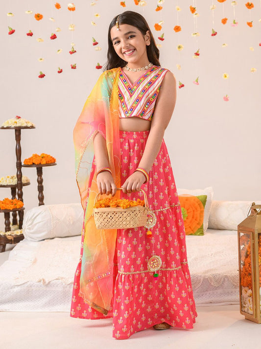 Girls Embellished Mirror Work Lehenga Choli With Dupatta