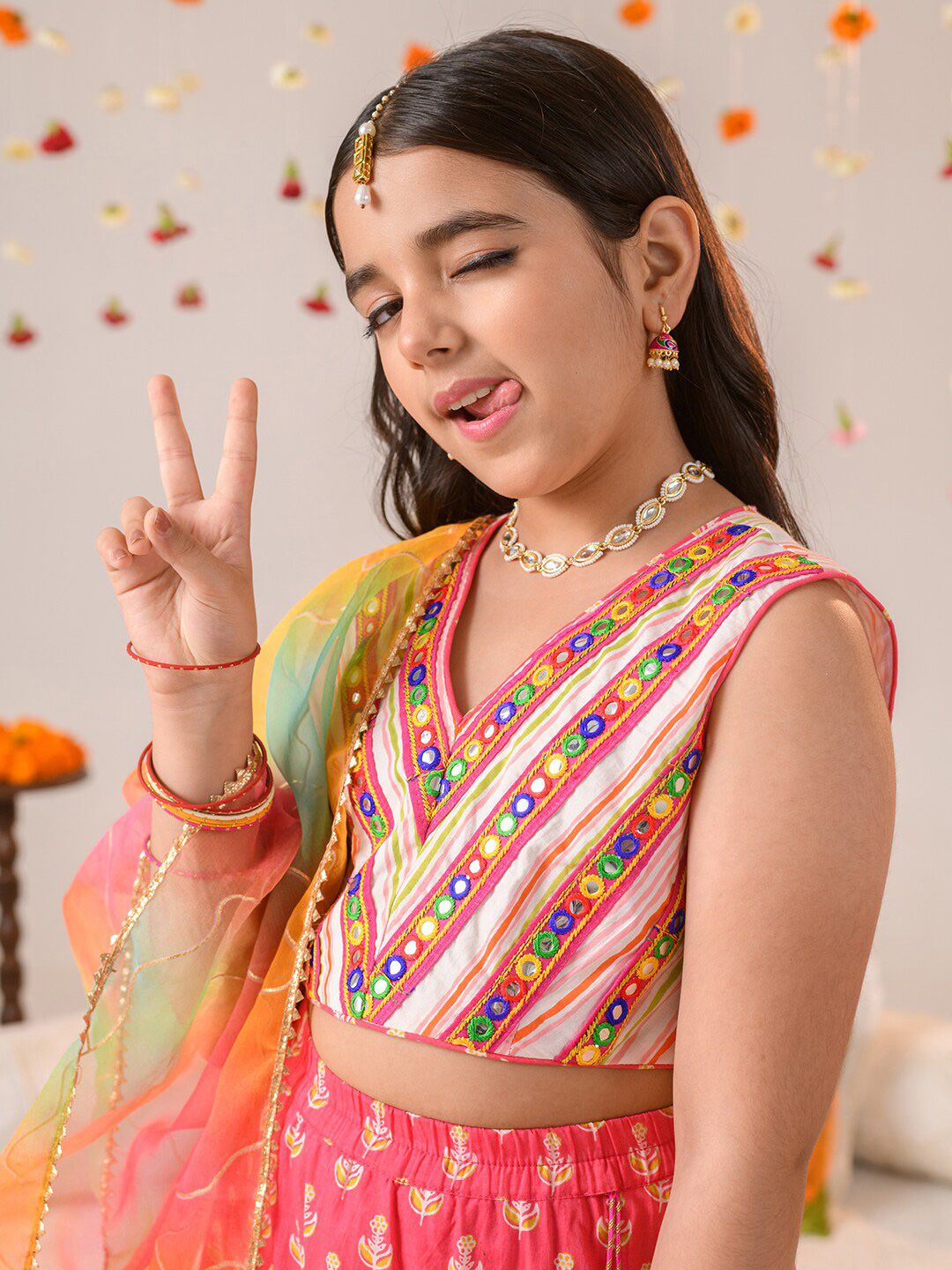 Girls Embellished Mirror Work Lehenga Choli With Dupatta