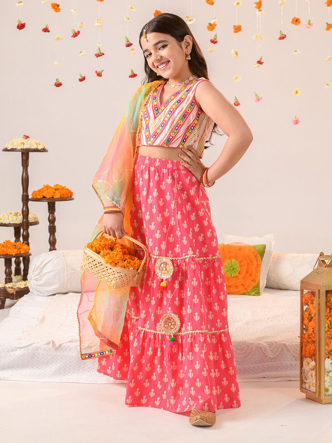 Girls Embellished Mirror Work Lehenga Choli With Dupatta