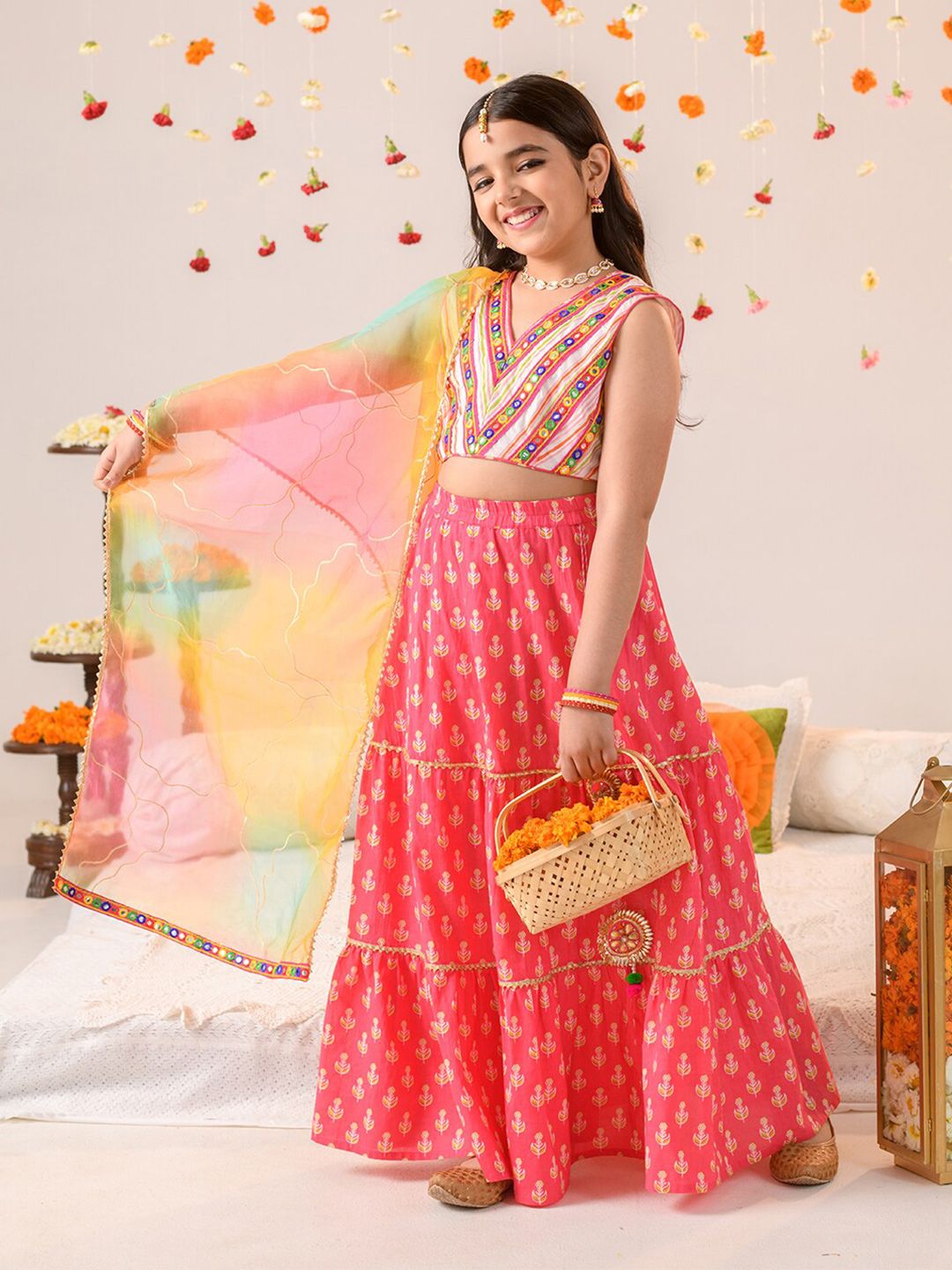 Girls Embellished Mirror Work Lehenga Choli With Dupatta