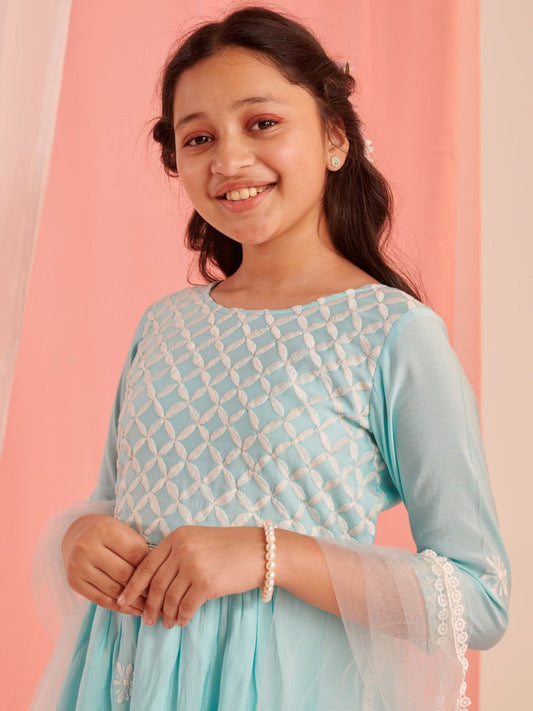 Girls Ethnic Motifs Embroidered Thread Work Kurta with Sharara & Dupatta