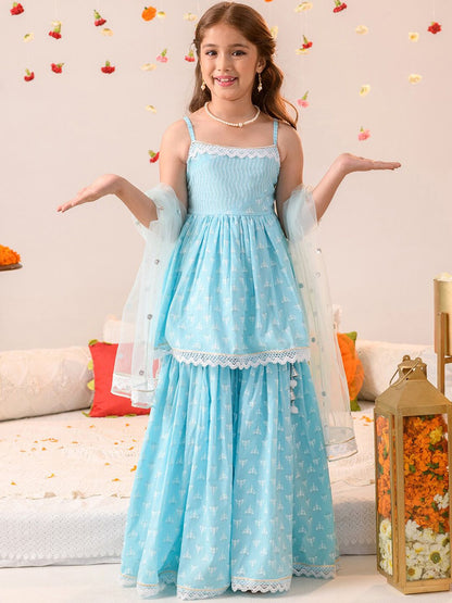 Girls Ethnic Motifs Printed Pure Cotton A-line Kurta With Sharara & Dupatta