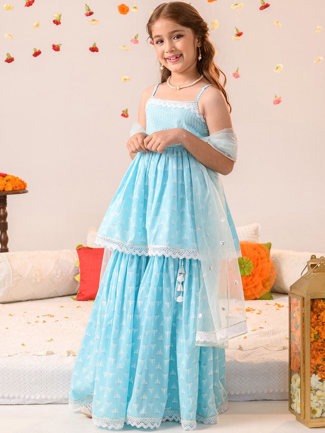 Girls Ethnic Motifs Printed Pure Cotton A-line Kurta With Sharara & Dupatta