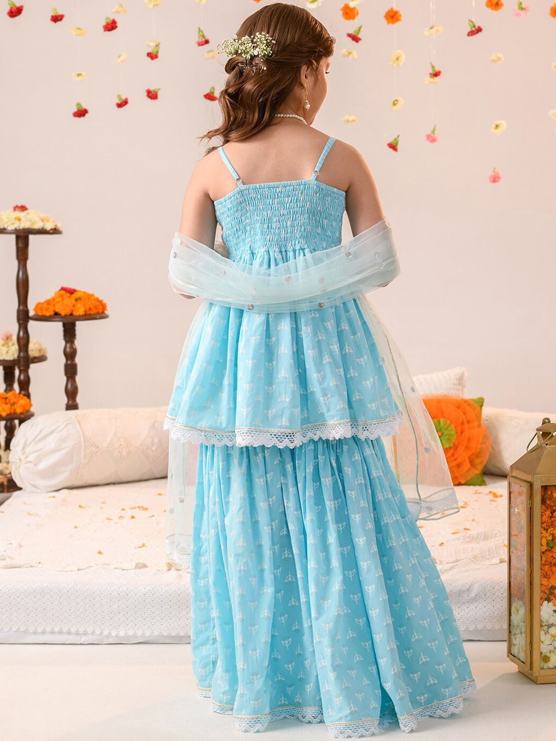 Girls Ethnic Motifs Printed Pure Cotton A-line Kurta With Sharara & Dupatta