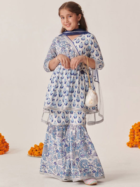 Girls Ethnic Motifs Printed Regular Kurta with Sharara & Dupatta