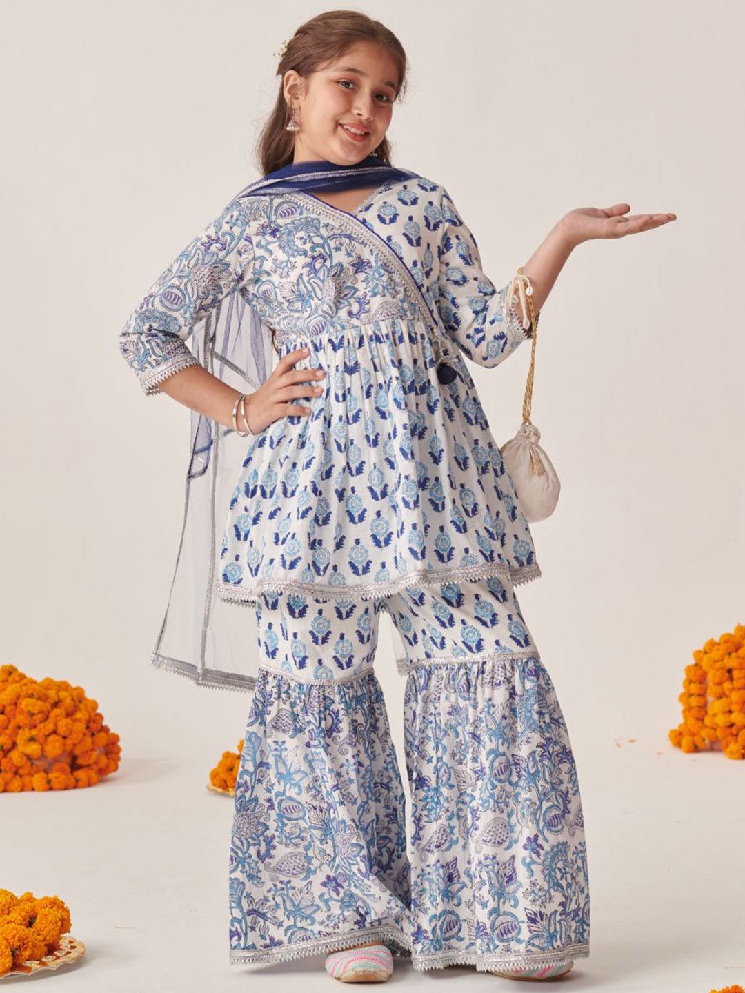Girls Ethnic Motifs Printed Regular Kurta with Sharara & Dupatta