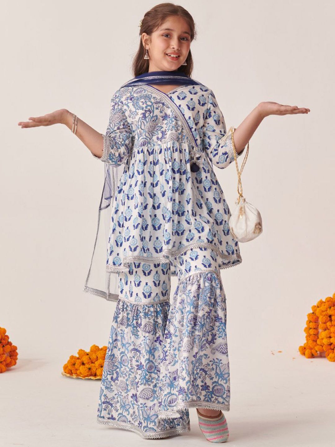 Girls Ethnic Motifs Printed Regular Kurta with Sharara & Dupatta
