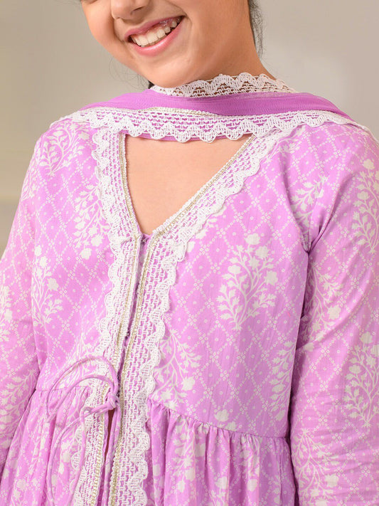 Girls Ethnic Motifs Printed Regular Pure Cotton Kurta with Palazzos & Dupatta