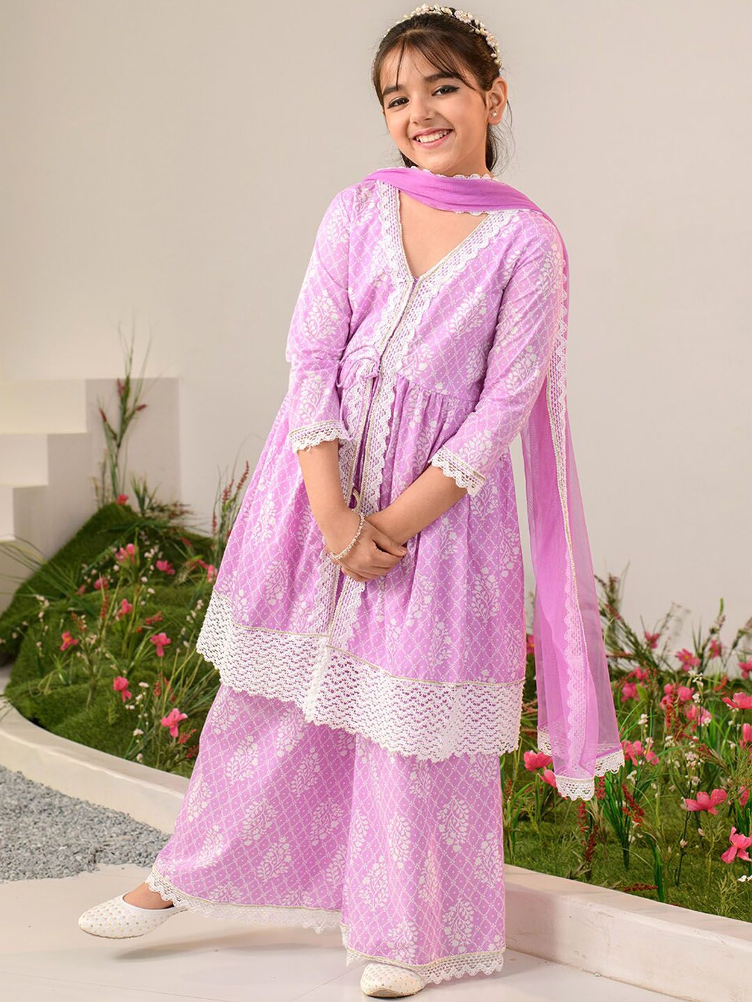 Girls Ethnic Motifs Printed Regular Pure Cotton Kurta with Palazzos & Dupatta