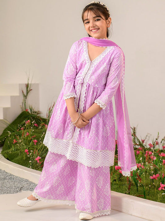 Girls Ethnic Motifs Printed Regular Pure Cotton Kurta with Palazzos & Dupatta