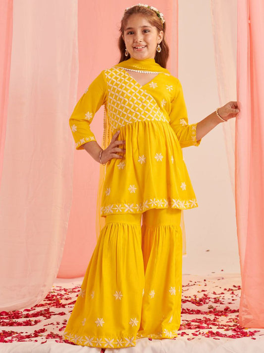 Girls Floral Embroidered Empire Thread Work Kurta with Sharara & With Dupatta