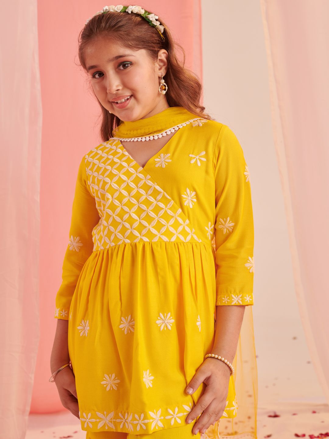 Girls Floral Embroidered Empire Thread Work Kurta with Sharara & With Dupatta