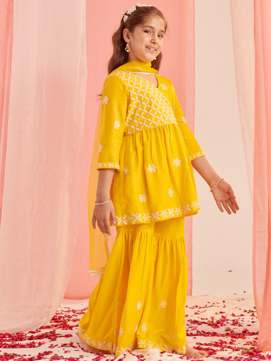 Girls Floral Embroidered Empire Thread Work Kurta with Sharara & With Dupatta