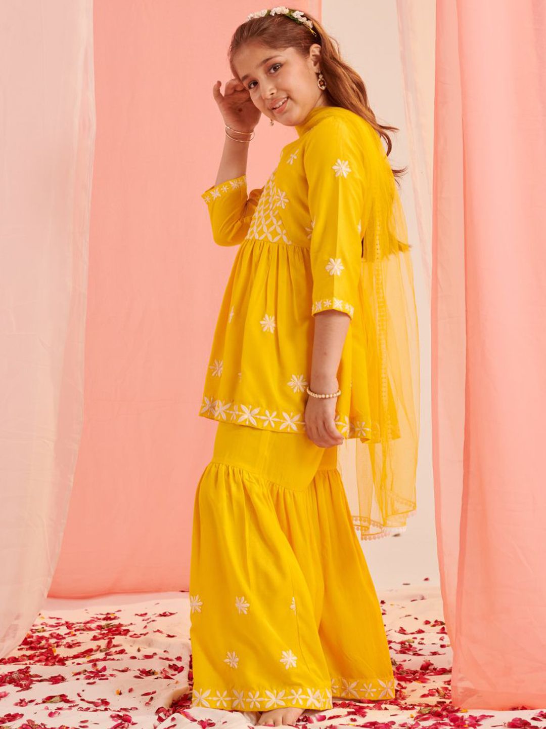 Girls Floral Embroidered Empire Thread Work Kurta with Sharara & With Dupatta
