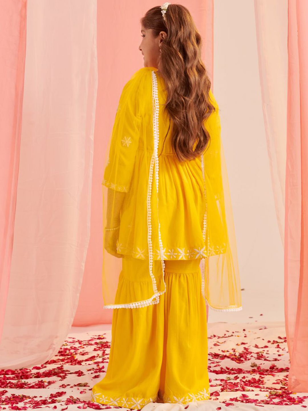 Girls Floral Embroidered Empire Thread Work Kurta with Sharara & With Dupatta