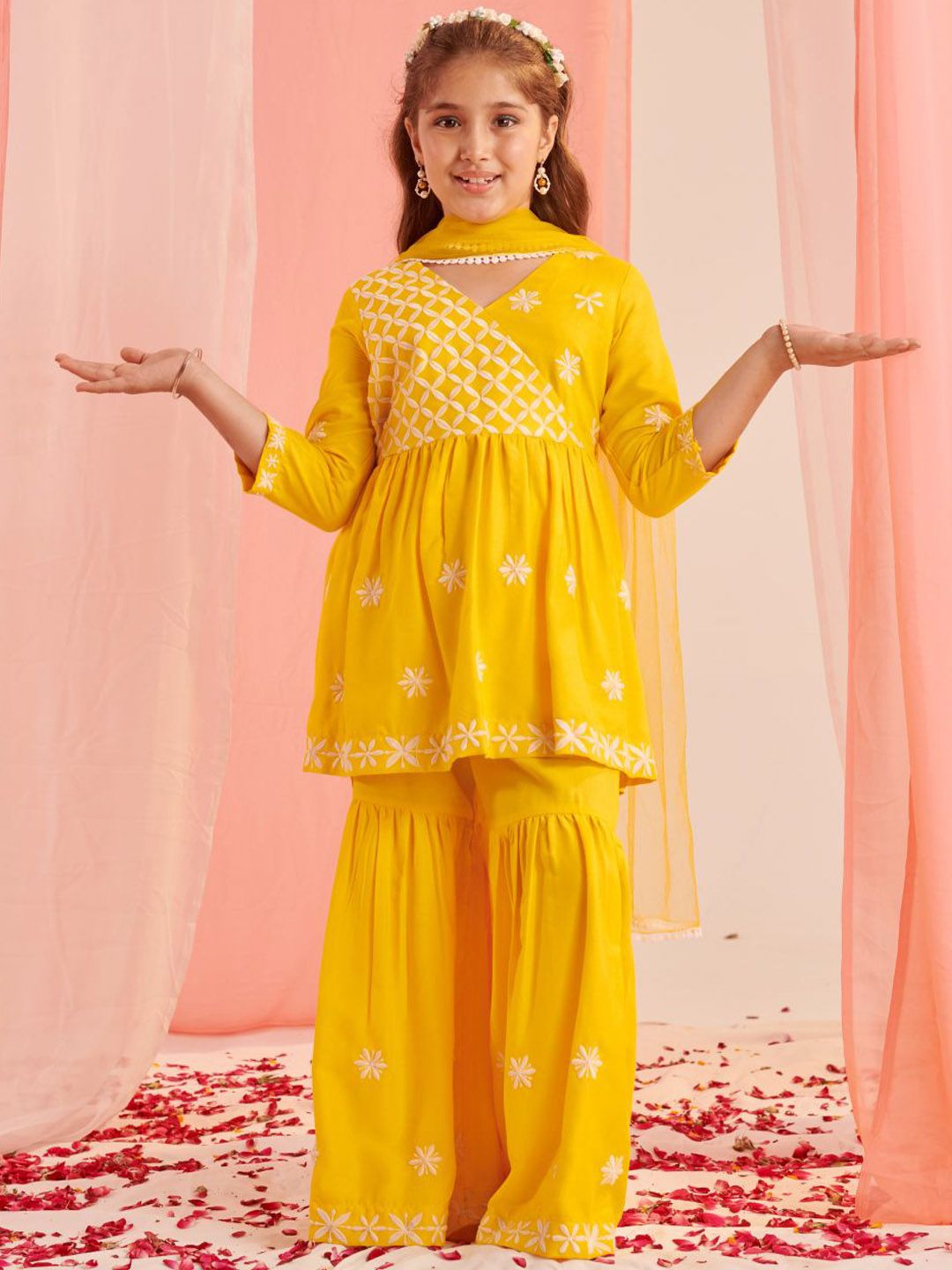 Girls Floral Embroidered Empire Thread Work Kurta with Sharara & With Dupatta