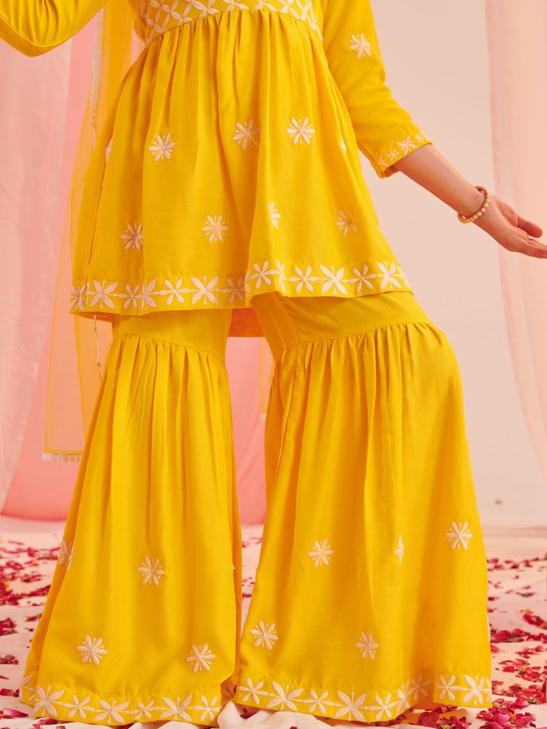 Girls Floral Embroidered Empire Thread Work Kurta with Sharara & With Dupatta