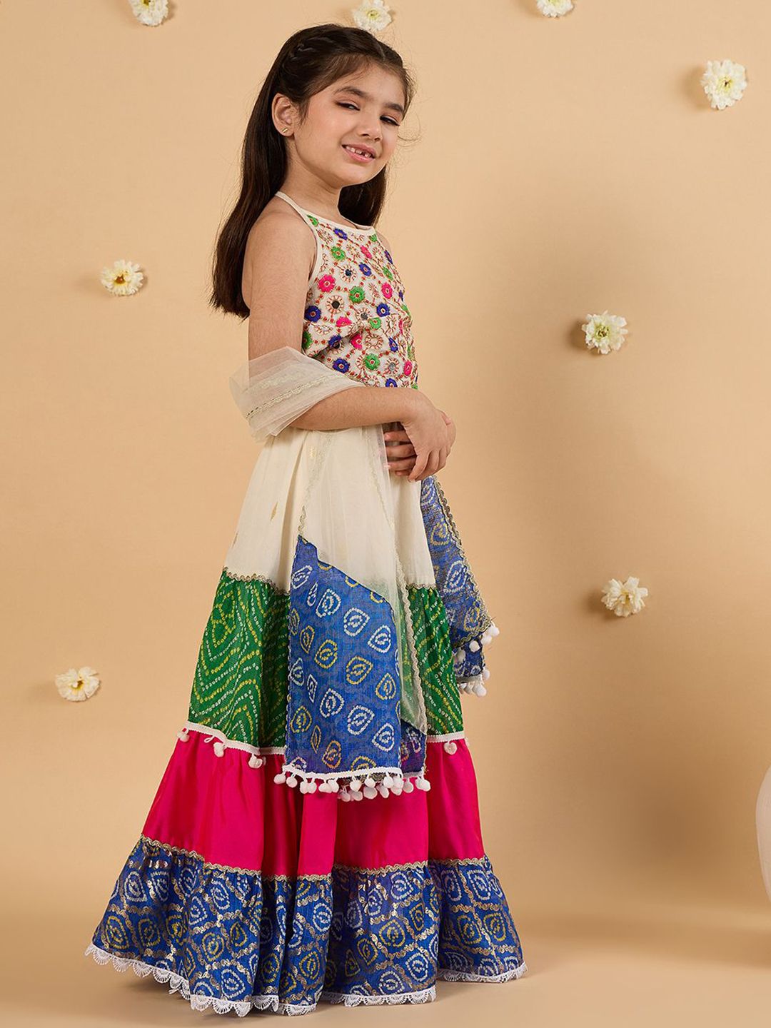 Girls Floral Embroidered Mirror Work Silk Lehenga With Choli And Dupatta