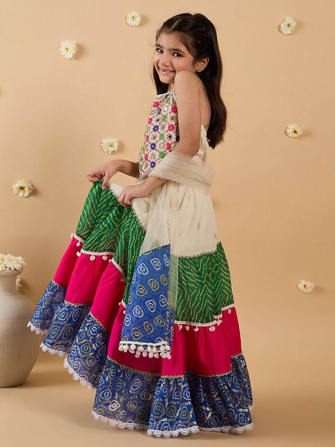 Girls Floral Embroidered Mirror Work Silk Lehenga With Choli And Dupatta