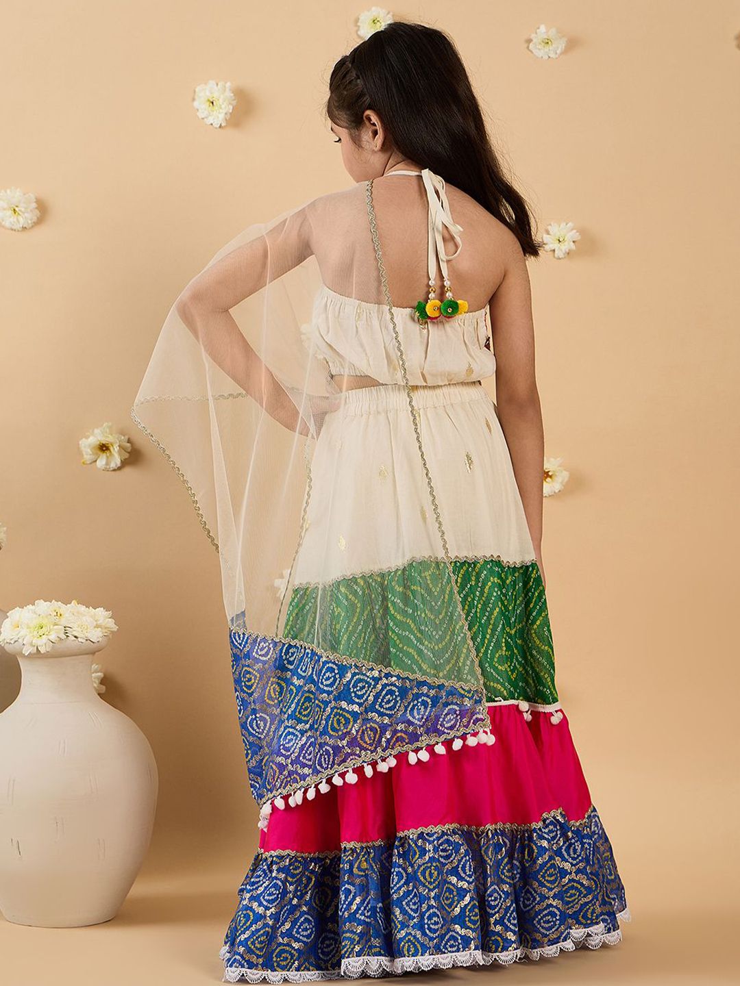 Girls Floral Embroidered Mirror Work Silk Lehenga With Choli And Dupatta