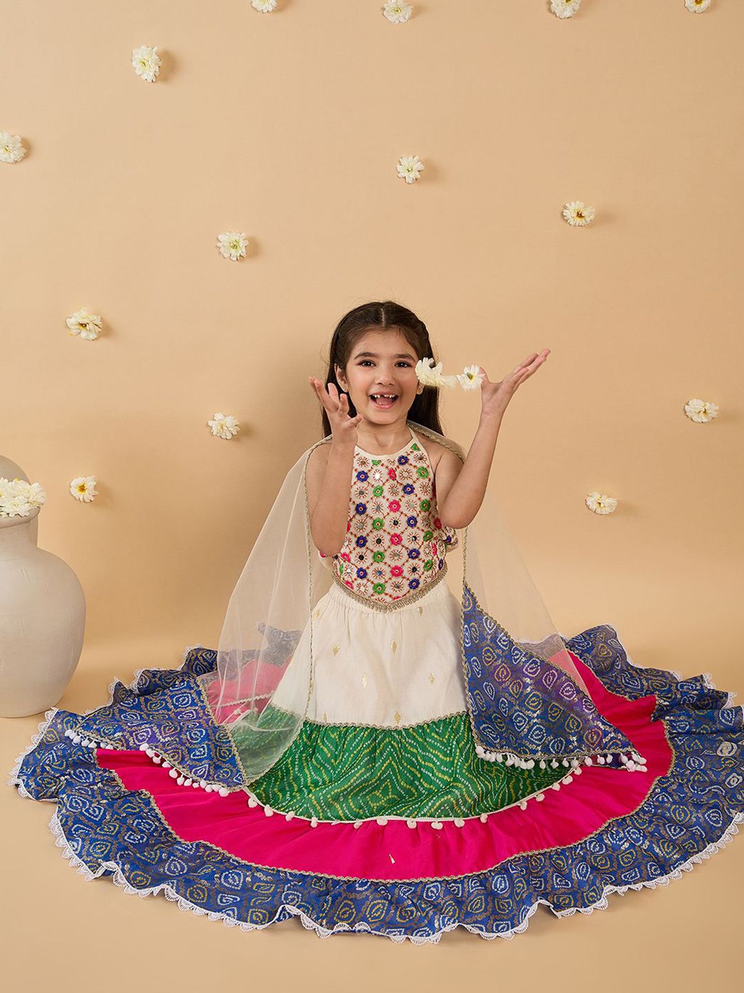 Girls Floral Embroidered Mirror Work Silk Lehenga With Choli And Dupatta