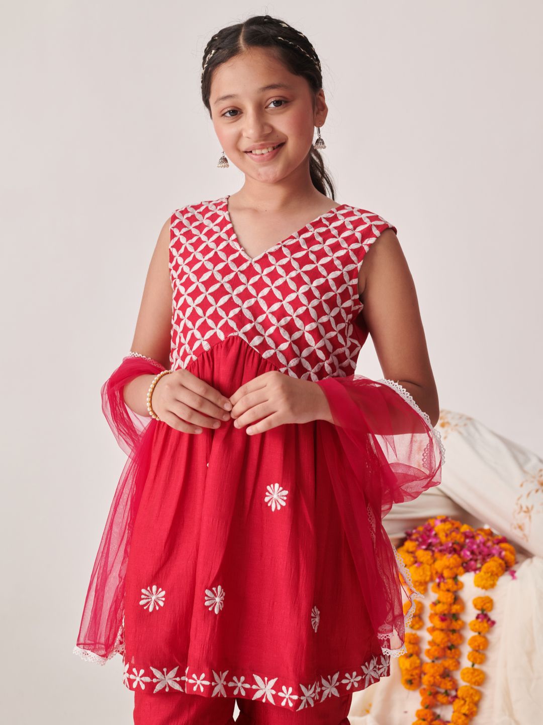 Girls Floral Embroidered Tiered Thread Work Kurta with Sharara & With Dupatta