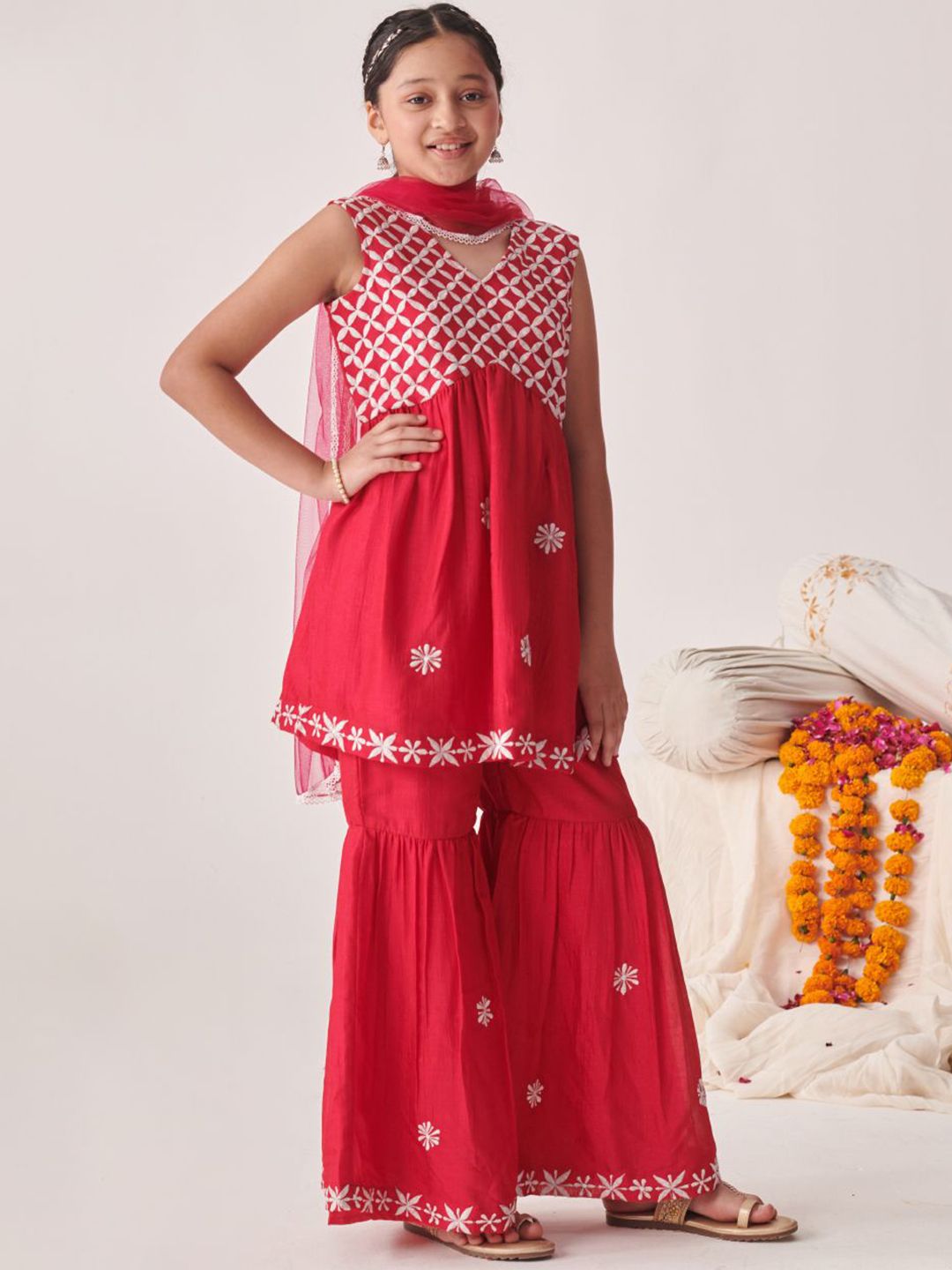 Girls Floral Embroidered Tiered Thread Work Kurta with Sharara & With Dupatta