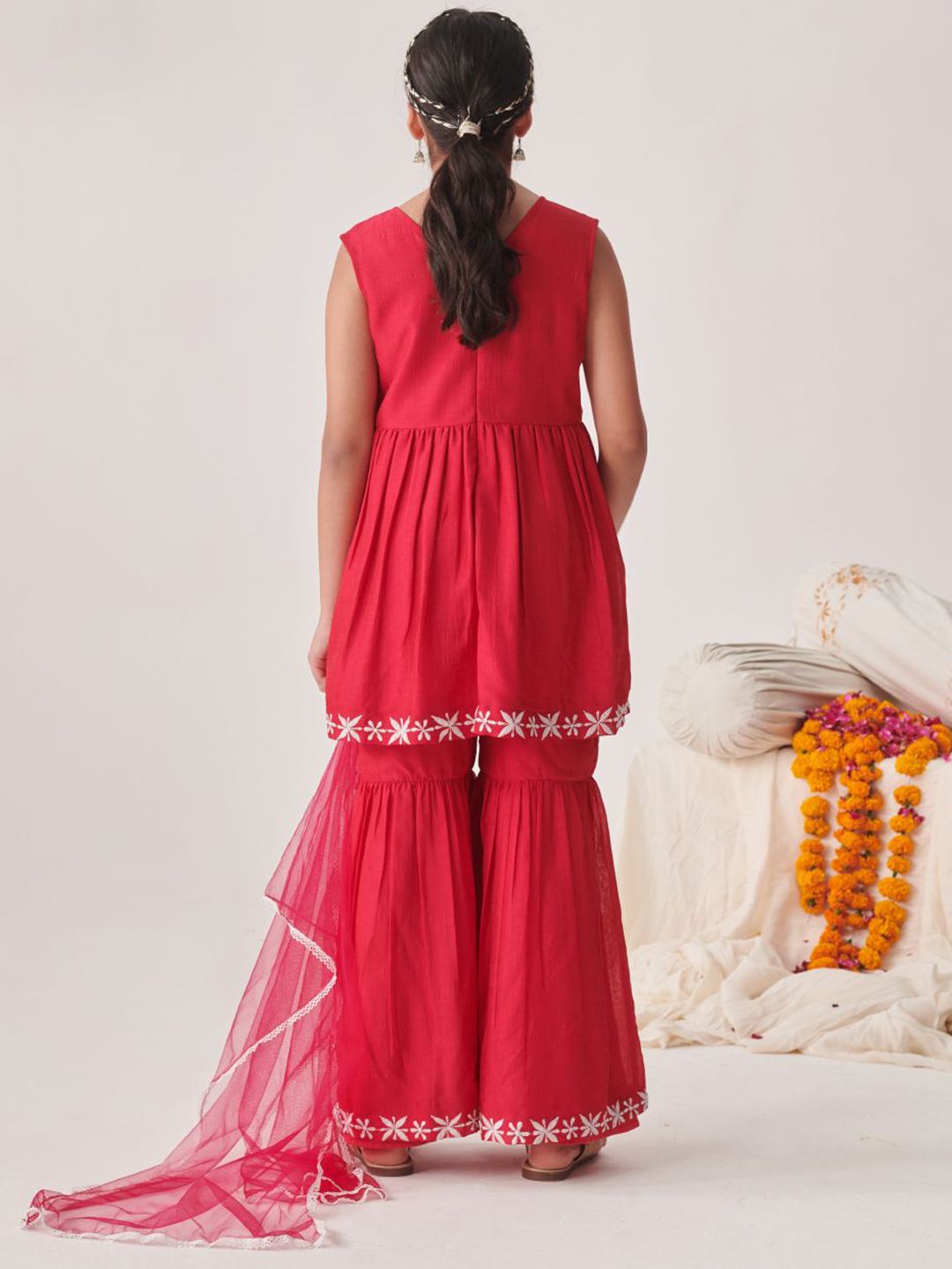 Girls Floral Embroidered Tiered Thread Work Kurta with Sharara & With Dupatta