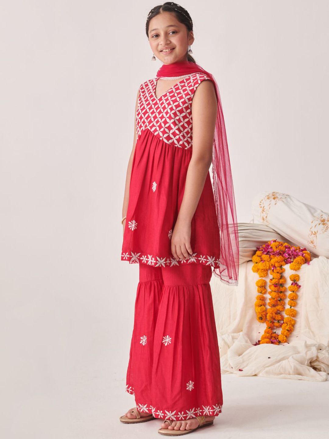 Girls Floral Embroidered Tiered Thread Work Kurta with Sharara & With Dupatta