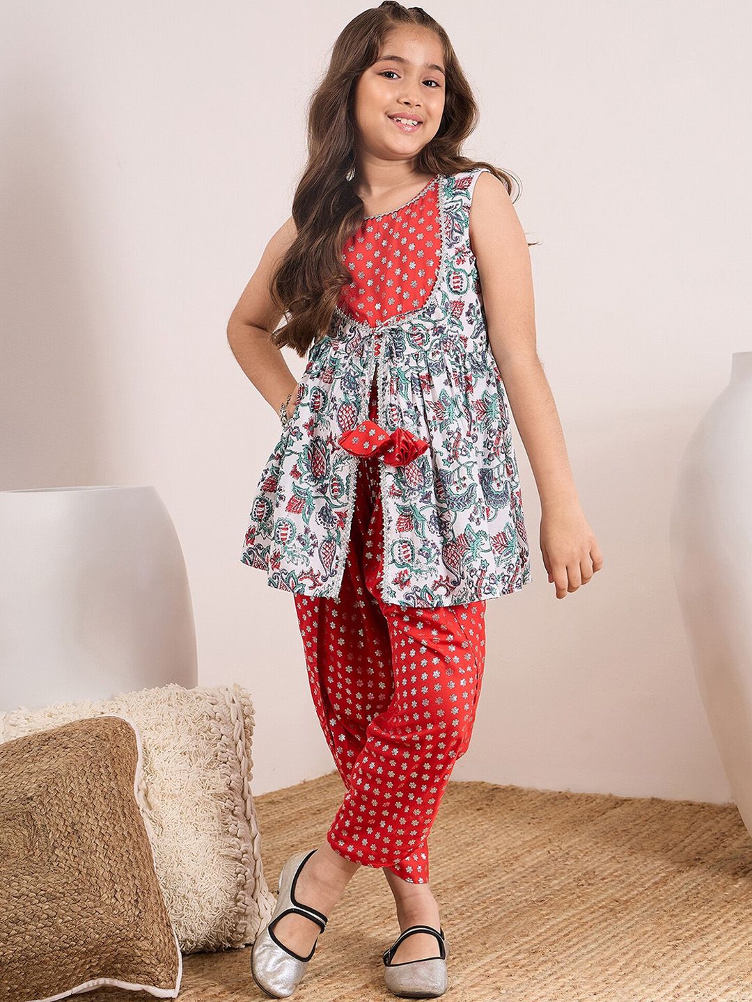 Girls Floral Printed A-Line Kurti with Dhoti Pants