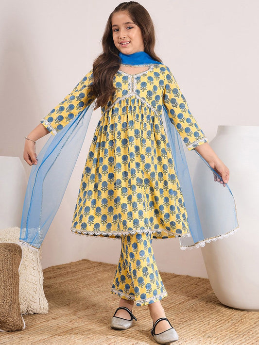 Girls Floral Printed Empire A-Line Pure Cotton Kurta with Trousers & Dupatta