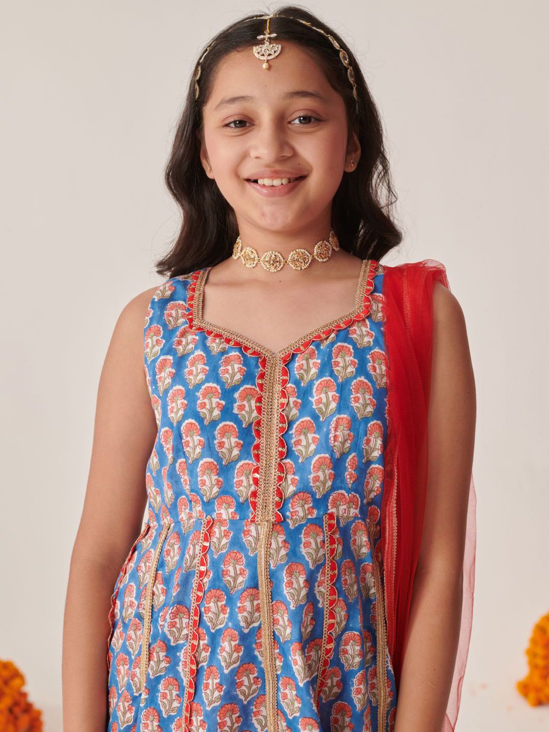 Girls Floral Printed Empire Gotta Patti Kurta with Palazzos & With Dupatta