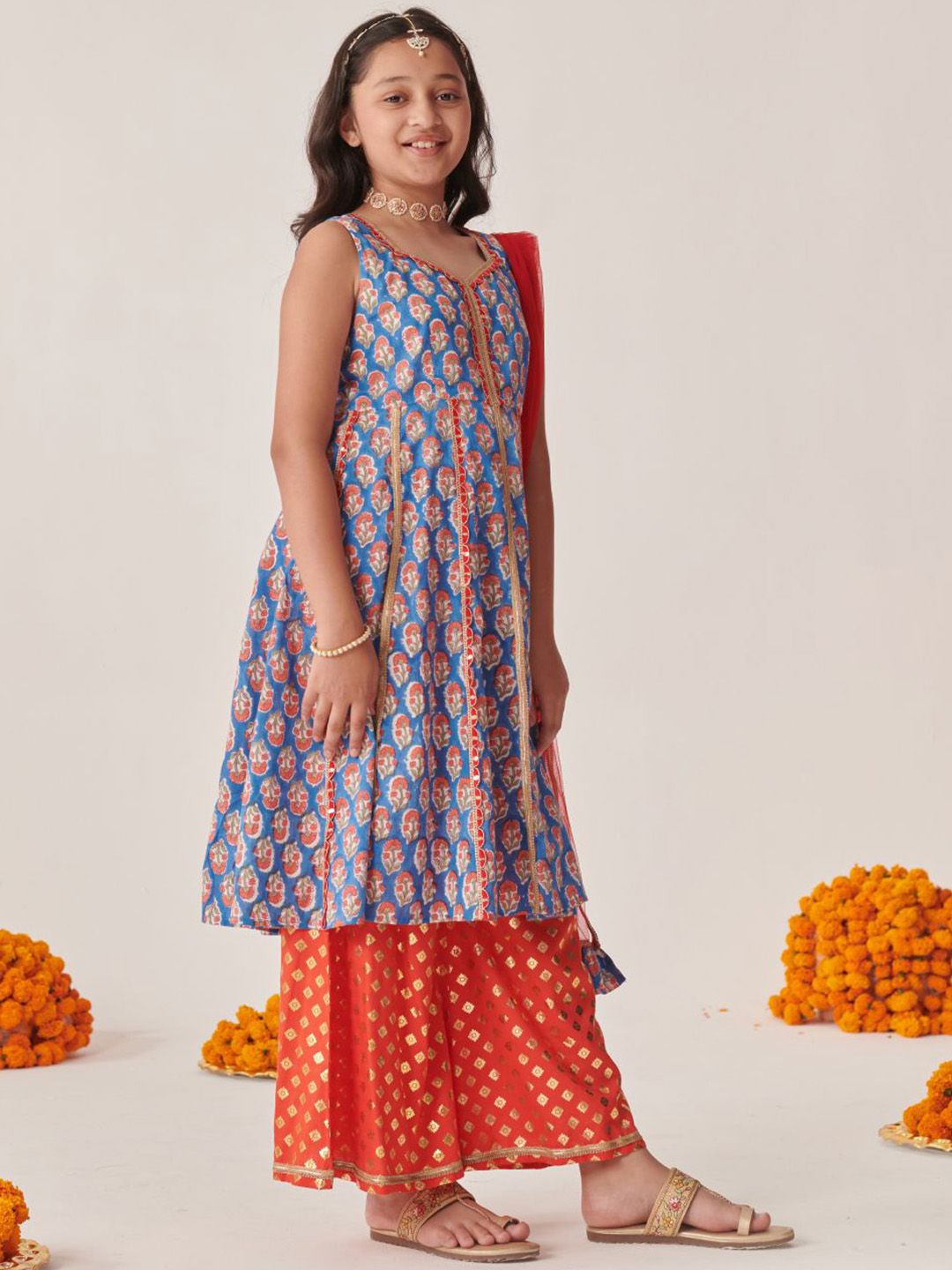 Girls Floral Printed Empire Gotta Patti Kurta with Palazzos & With Dupatta