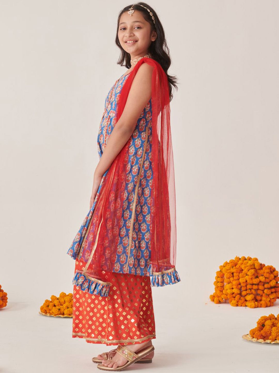 Girls Floral Printed Empire Gotta Patti Kurta with Palazzos & With Dupatta