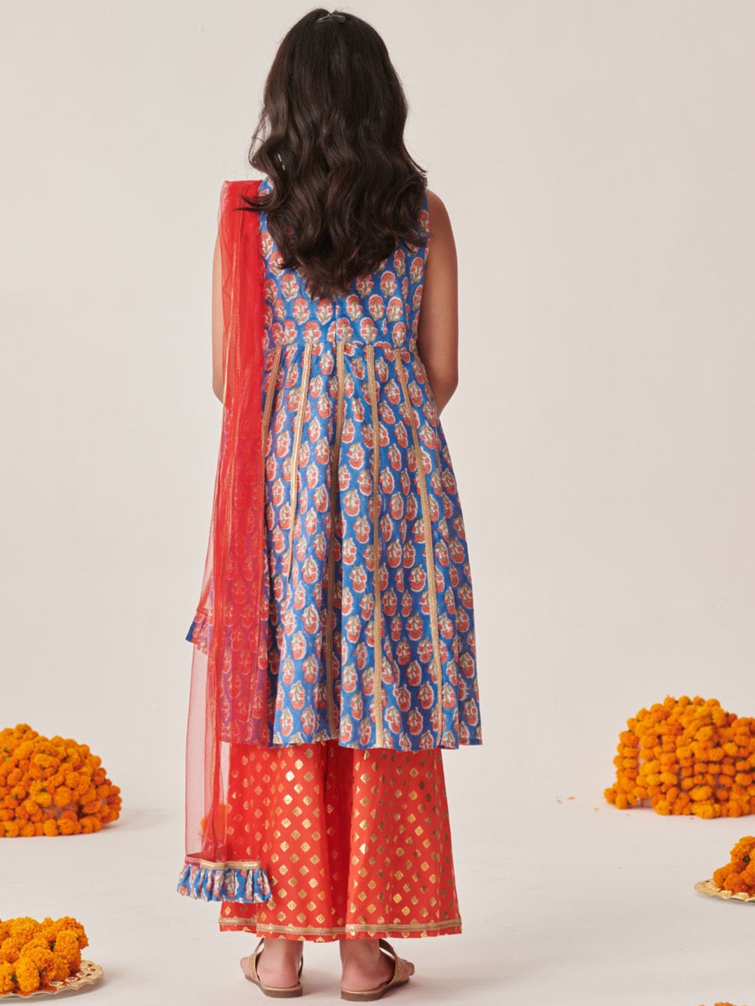 Girls Floral Printed Empire Gotta Patti Kurta with Palazzos & With Dupatta