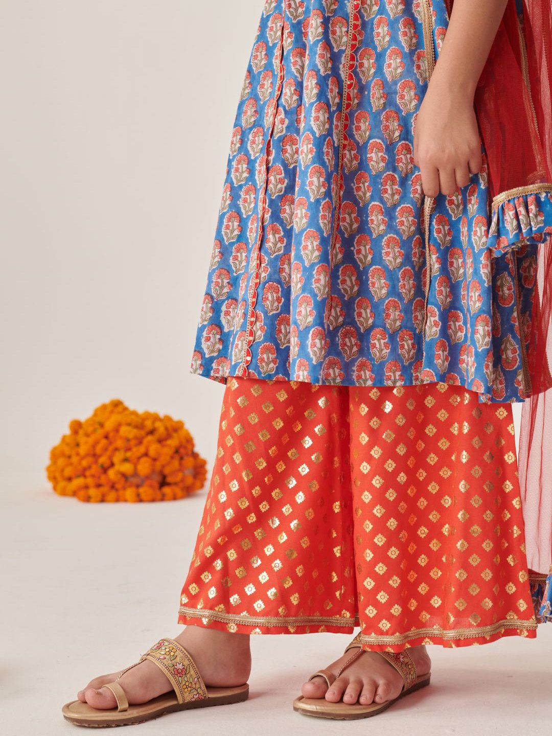 Girls Floral Printed Empire Gotta Patti Kurta with Palazzos & With Dupatta