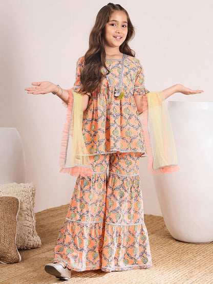 Girls Floral Printed Empire Kurti with Sharara & With Dupatta
