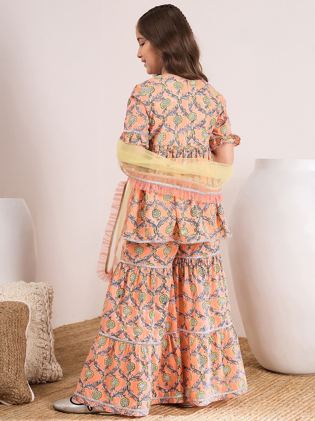 Girls Floral Printed Empire Kurti with Sharara & With Dupatta