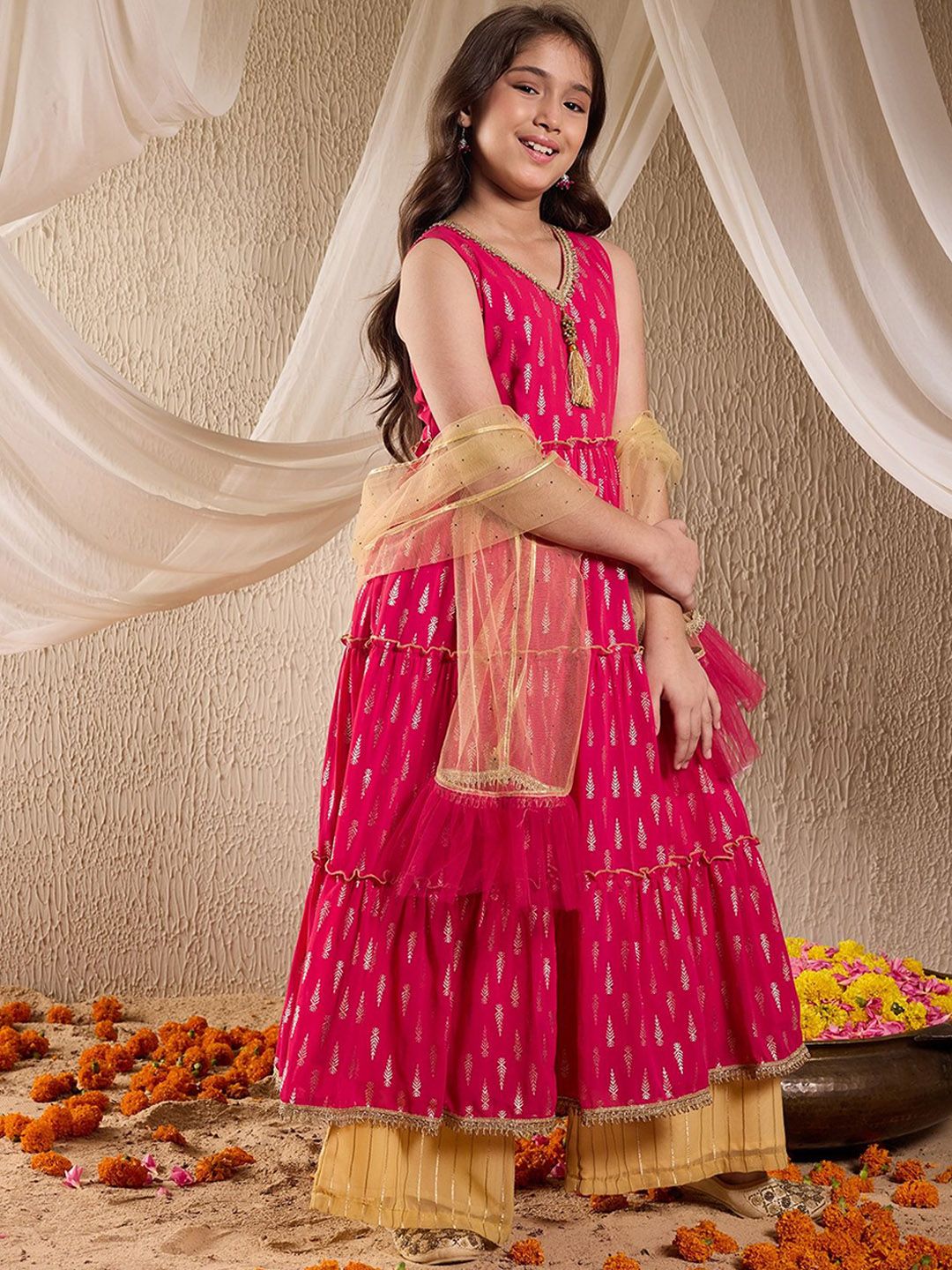 Girls Floral Printed Layered Anarkali Georgette Kurta With Palazzos & Dupatta