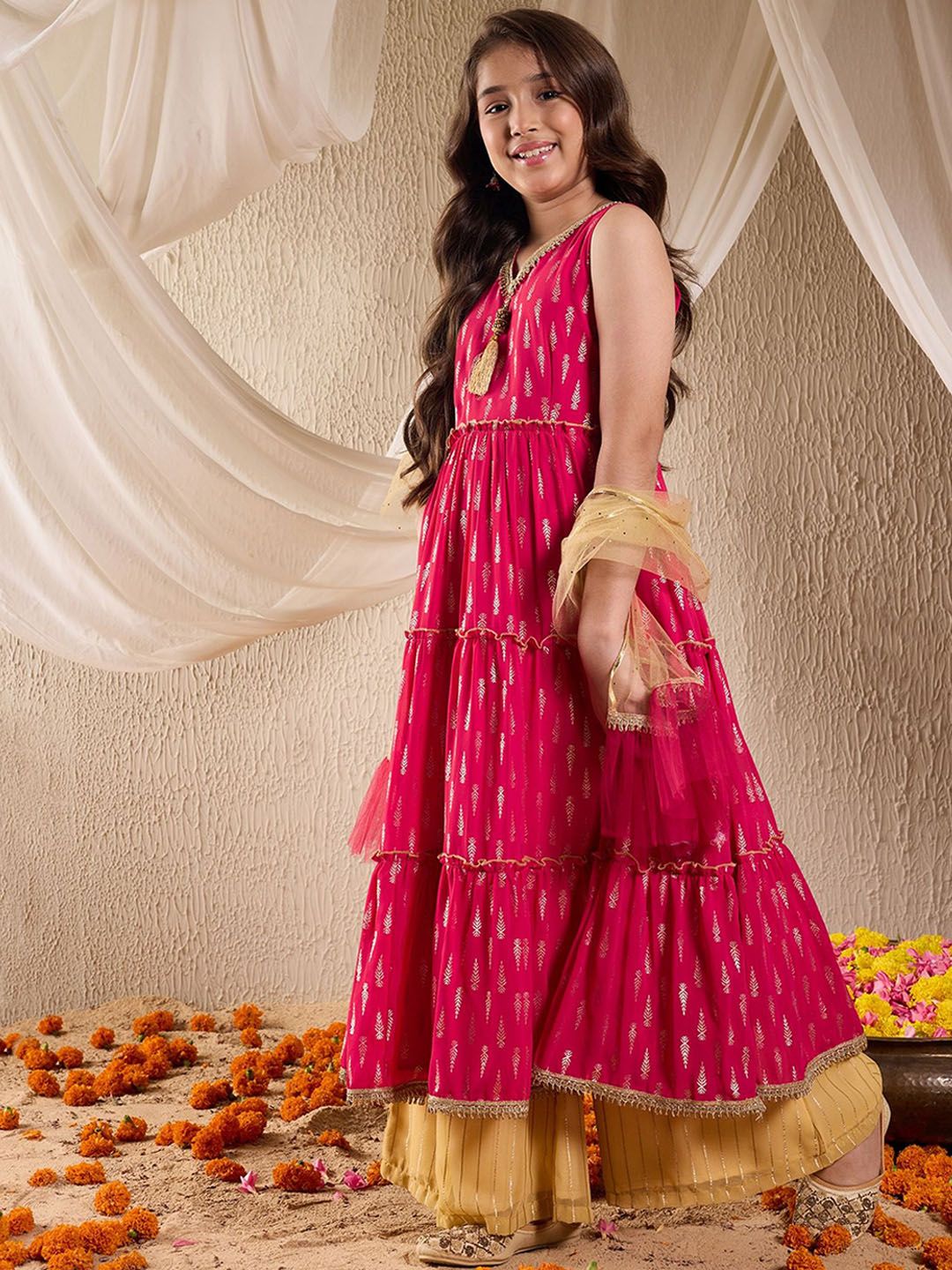 Girls Floral Printed Layered Anarkali Georgette Kurta With Palazzos & Dupatta