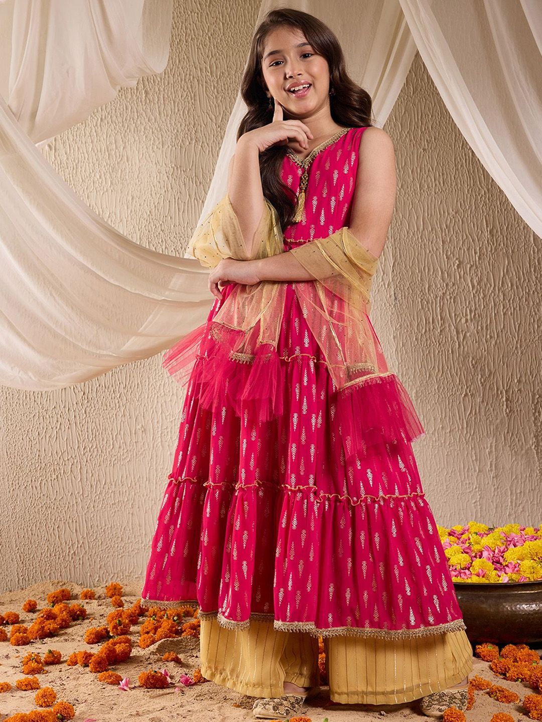 Girls Floral Printed Layered Anarkali Georgette Kurta With Palazzos & Dupatta