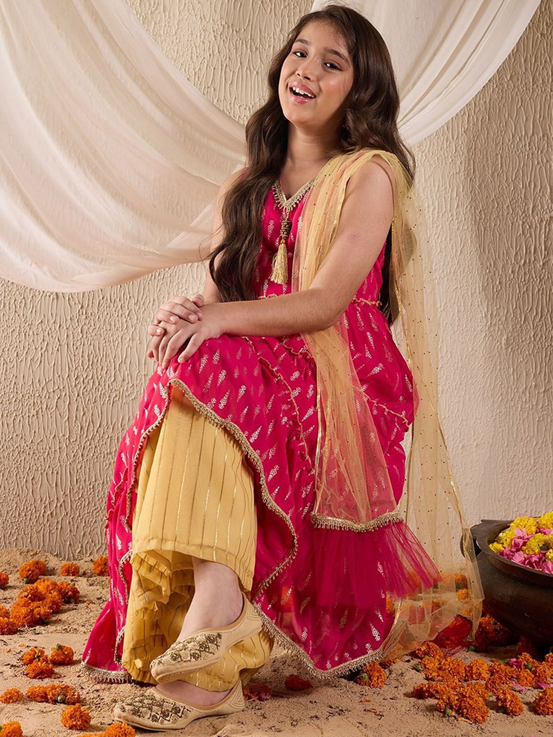 Girls Floral Printed Layered Anarkali Georgette Kurta With Palazzos & Dupatta