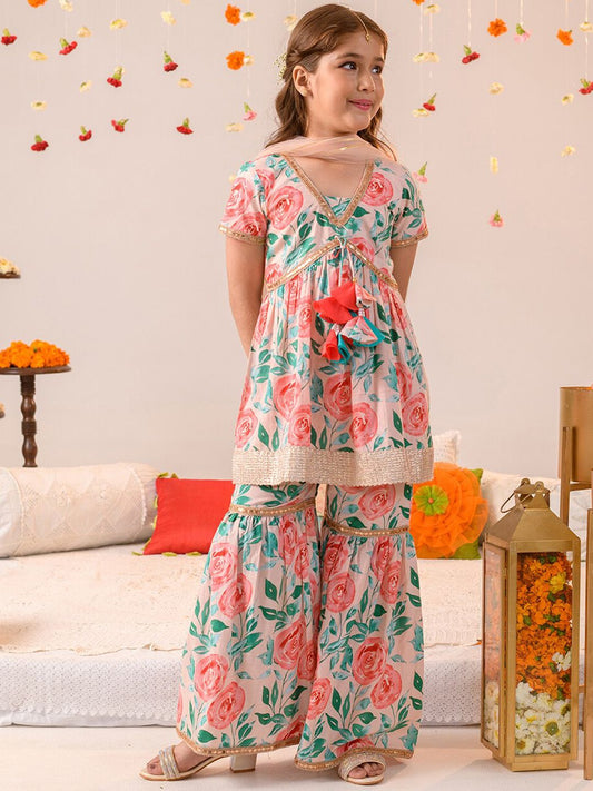 Girls Floral Printed Pure Cotton Kurta With Sharara & Dupatta